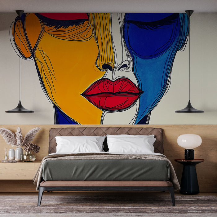 Papier peint visage abstrait avec illustration artistique et couleurs vives pour chambre moderne.