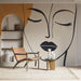 Papier peint visage abstrait avec illustration féminine stylisée et couleurs douces pour salon moderne.