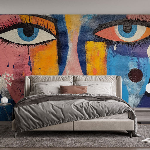 Papier peint abstrait coloré avec illustrations de visages expressifs pour chambre moderne