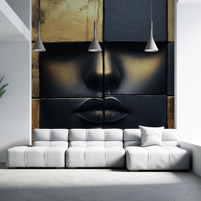 Papier peint visage abstrait avec motif moderne en noir et or pour salon élégant