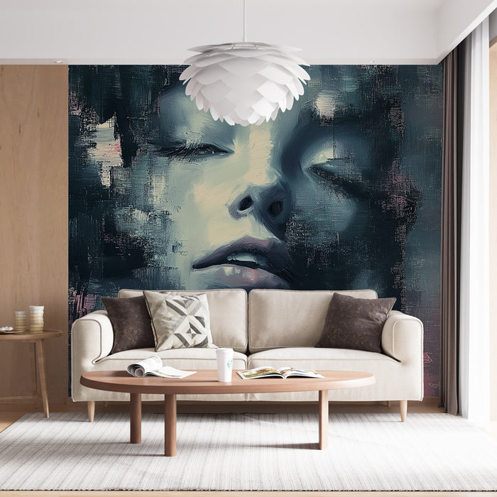 Papier peint visage abstrait avec portrait artistique aux nuances sombres et pastel pour salon moderne.
