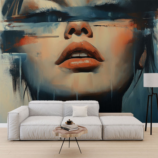 Papier peint visage abstrait avec portrait artistique en nuances de bleu et orange pour salon moderne.
