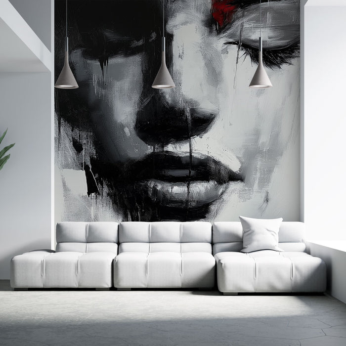 Papier peint visage abstrait en noir et blanc avec touches de rouge pour salon moderne et artistique