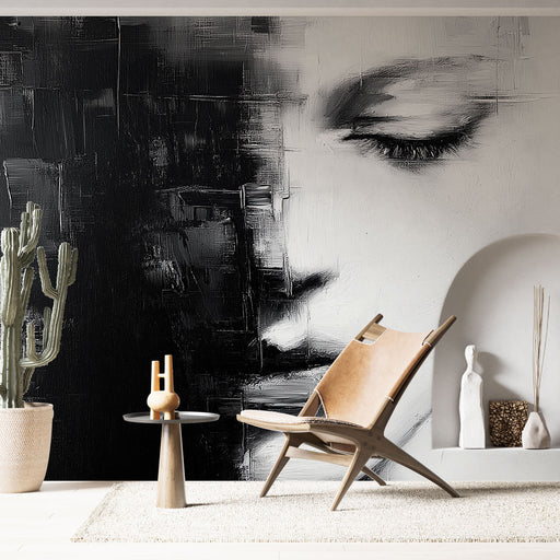 Papier peint visage abstrait en noir et blanc pour salon moderne et artistique