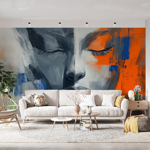 Papier peint visage abstrait avec portrait artistique en noir et orange pour salon moderne
