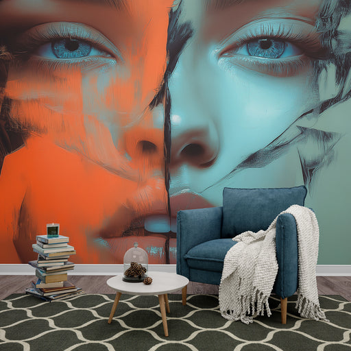 Papier peint visage abstrait avec portrait captivant aux couleurs éclatantes pour salon moderne
