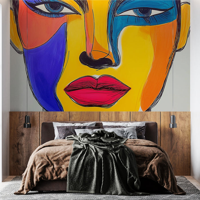 Papier peint visage abstrait coloré avec formes géométriques pour chambre moderne.