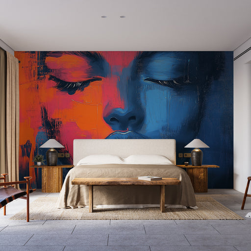 Papier peint visage abstrait avec portrait coloré bleu et orange pour chambre moderne