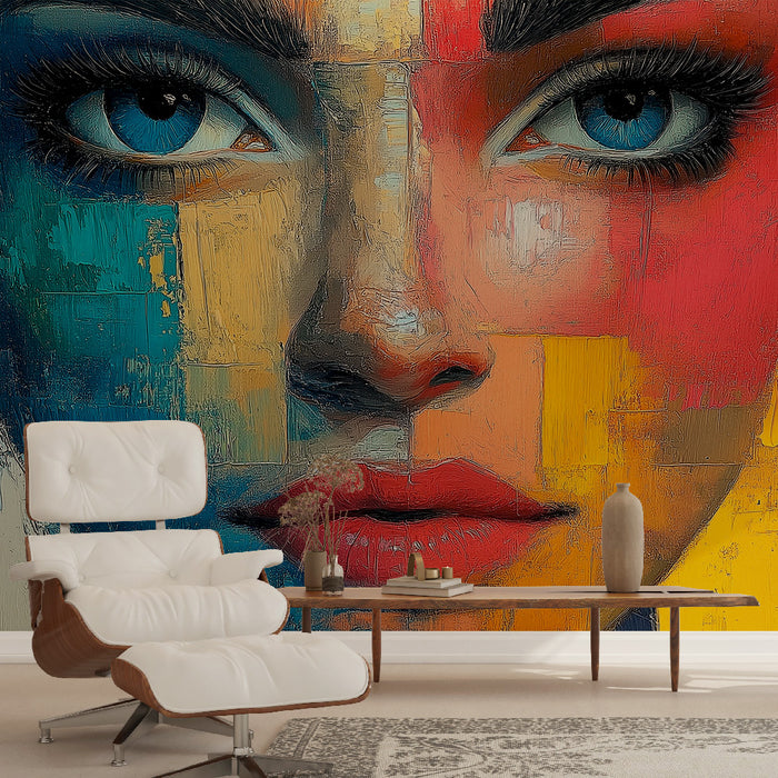 Papier peint visage abstrait avec portrait coloré et artistique pour salon moderne