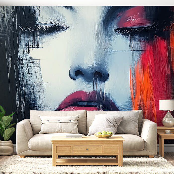 Papier peint visage abstrait avec portrait féminin aux couleurs vives et modernes pour salon contemporain