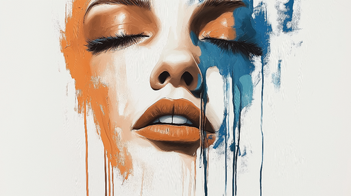 Papier peint visage abstrait Portrait féminin avec des éclaboussures de peinture orange et bleue