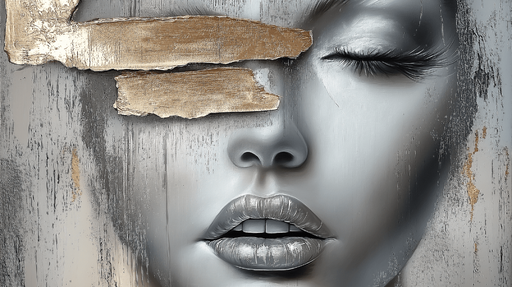 Papier peint visage abstrait Portrait féminin en nuances de gris et accents dorés