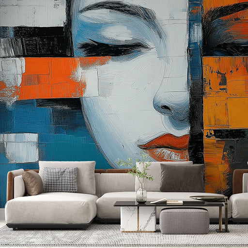 Papier peint visage abstrait avec portrait minimaliste aux couleurs vibrantes pour salon moderne.