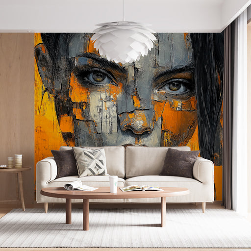Papier peint visage abstrait avec portrait moderne aux teintes vives pour salon contemporain.