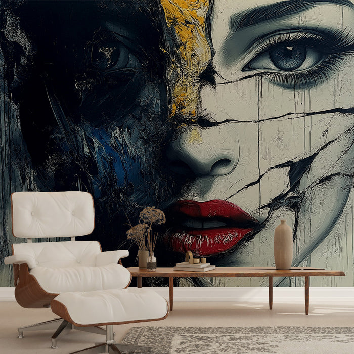 Papier peint visage abstrait avec portrait stylisé et couleurs éclatantes pour salon moderne
