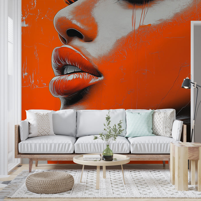 Papier peint visage abstrait en rouge et orange pour salon moderne et stylisé