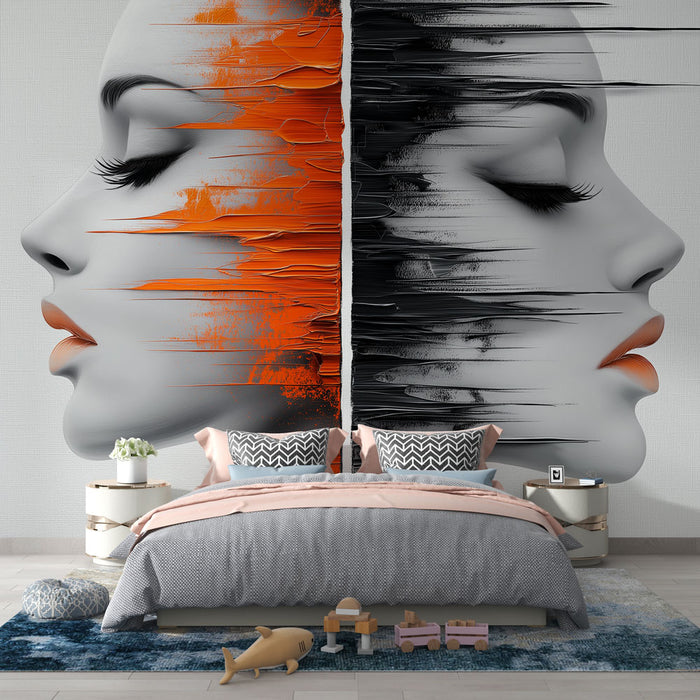 Papier peint visage abstrait avec portraits stylisés en dégradé orange et noir pour chambre moderne