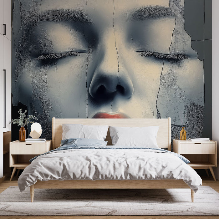Papier peint visage abstrait avec textures et nuances de gris pour chambre moderne