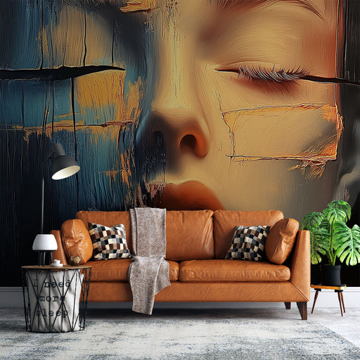 Papier peint visage abstrait avec textures modernes pour salon contemporain