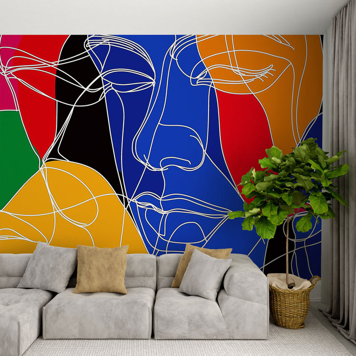 Papier peint abstrait avec visages colorés et lignes fluides pour salon moderne