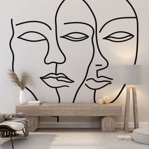 Papier peint abstrait avec visages entrelacés pour décoration murale moderne et élégante