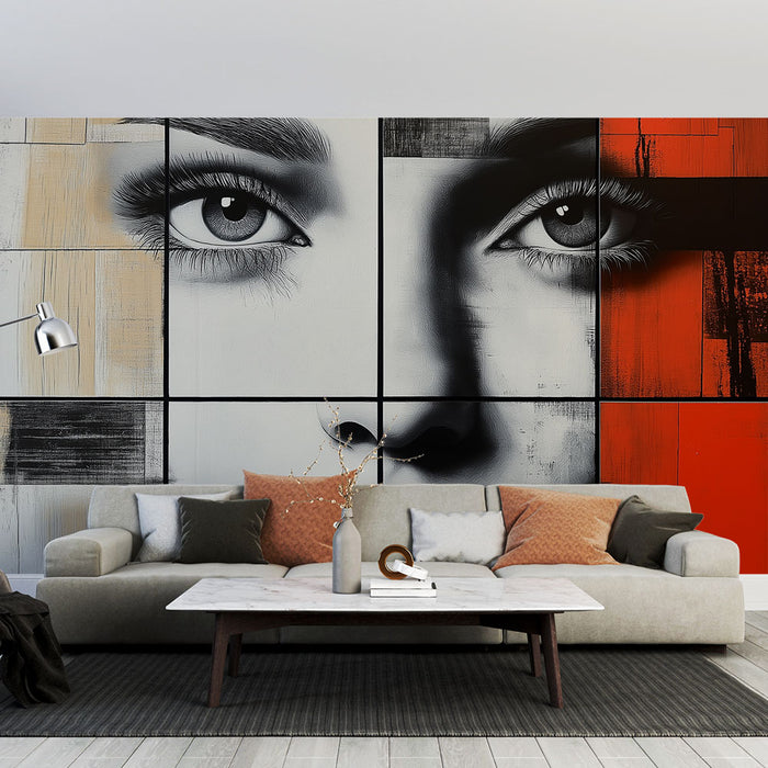 Papier peint artistique avec visage abstrait en noir, blanc et rouge pour salon moderne