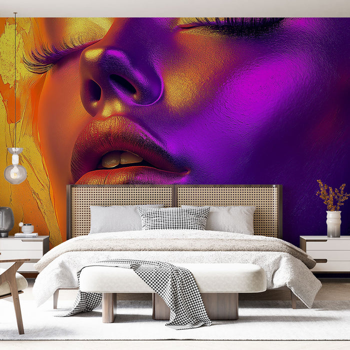 Papier peint artistique avec visage glamour en couleurs vives pour chambre moderne