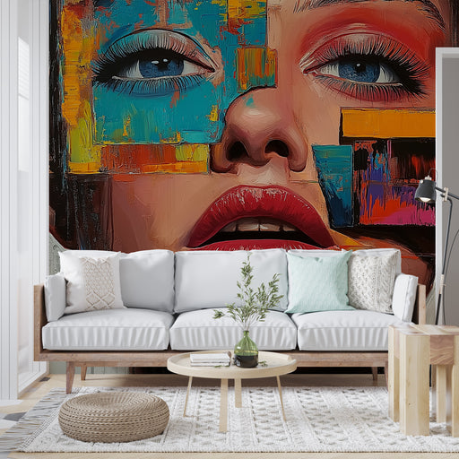 Papier peint artistique avec portrait abstrait aux couleurs vives pour salon moderne