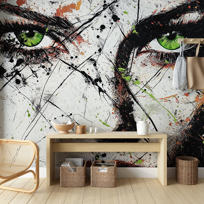 Papier peint artistique avec portrait abstrait aux yeux verts éclatants pour décoration murale moderne.