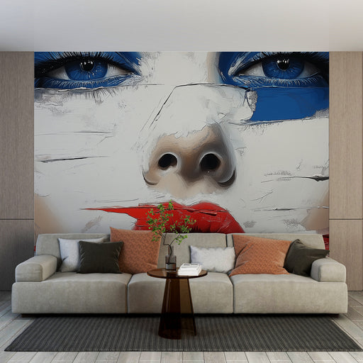 Papier peint artistique avec portrait abstrait, couleurs vives et textures audacieuses pour salon moderne.