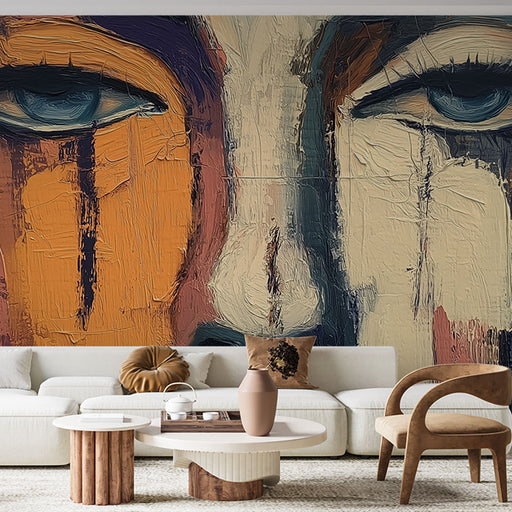 Papier peint visage artistique avec portrait abstrait et touches vives pour salon moderne