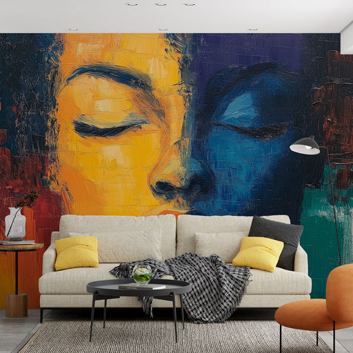 Papier peint artistique avec portrait abstrait en couleurs vives pour salon moderne.