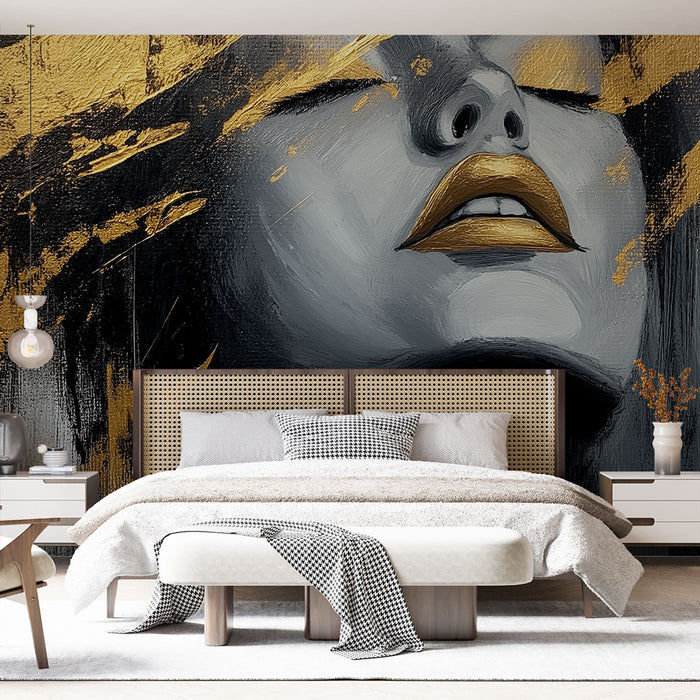 Papier peint artistique avec portrait abstrait en noir, blanc et or pour chambre moderne.