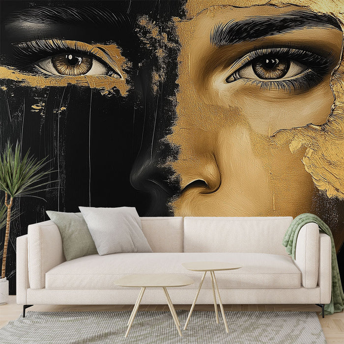 Papier peint artistique avec portrait abstrait en noir et or pour salon moderne.