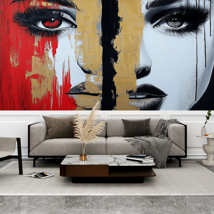 Papier peint artistique avec portrait abstrait en rouge, noir et or pour salon moderne.