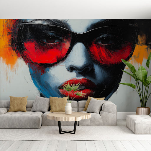 Papier peint artistique avec visage et lunettes rouges sur fond coloré pour salon moderne