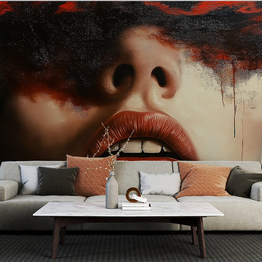 Papier peint artistique avec visage captivant et touches de rouge pour salon moderne
