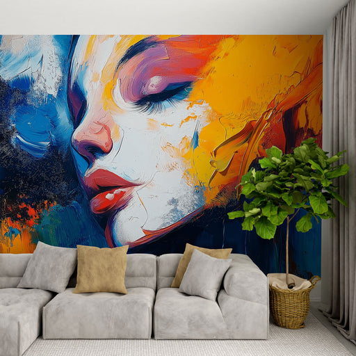 Papier peint artistique avec portrait coloré aux nuances vibrantes pour salon moderne