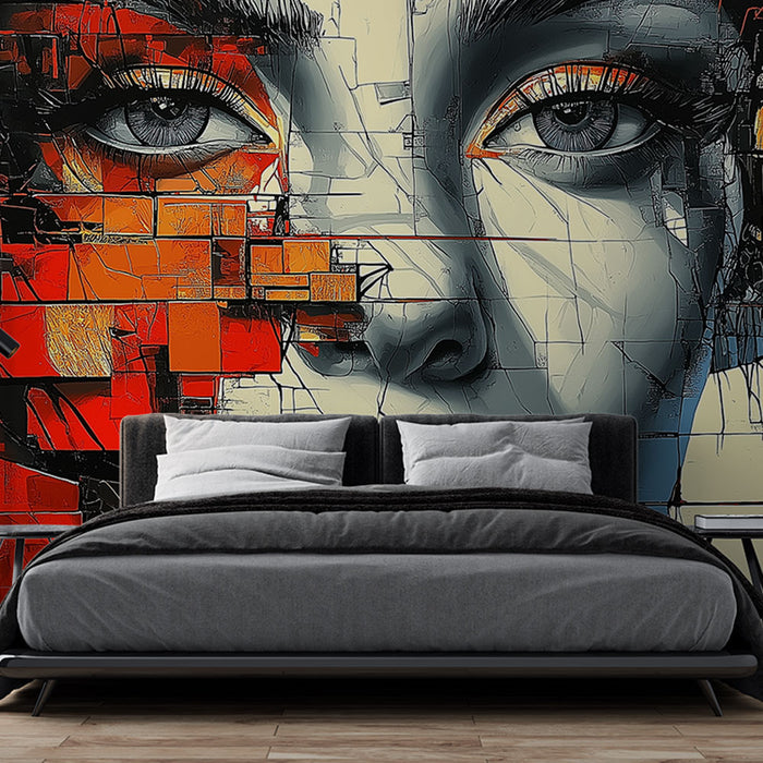 Papier peint visage artistique avec portrait contemporain aux couleurs vives pour chambre moderne
