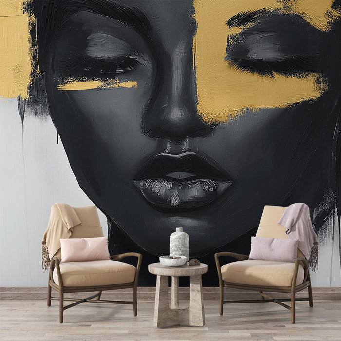 Papier peint visage artistique avec portrait contemporain en noir et or pour salon moderne