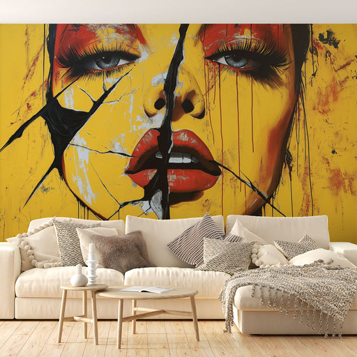 Papier peint artistique visage éclaté sur fond jaune vibrant pour salon moderne