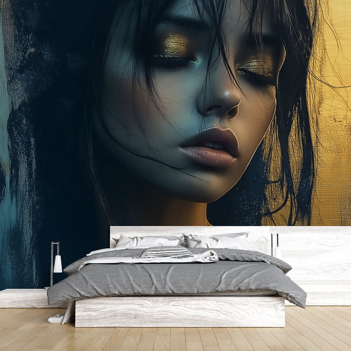Papier peint artistique avec portrait féminin élégant, touches dorées et bleues pour chambre moderne.
