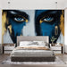 Papier peint visage artistique avec éclats dorés et teintes bleues pour décoration murale moderne chambre adulte