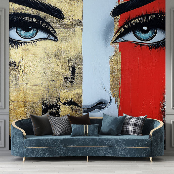 Papier peint artistique visage moderne en or, noir et rouge pour salon contemporain.
