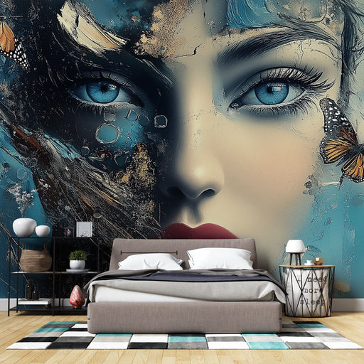 Papier peint artistique avec visage moderne et papillons colorés pour décoration murale de chambre adulte
