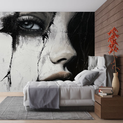 Papier peint artistique noir et blanc avec visage stylisé et fissures abstraites pour décoration murale moderne