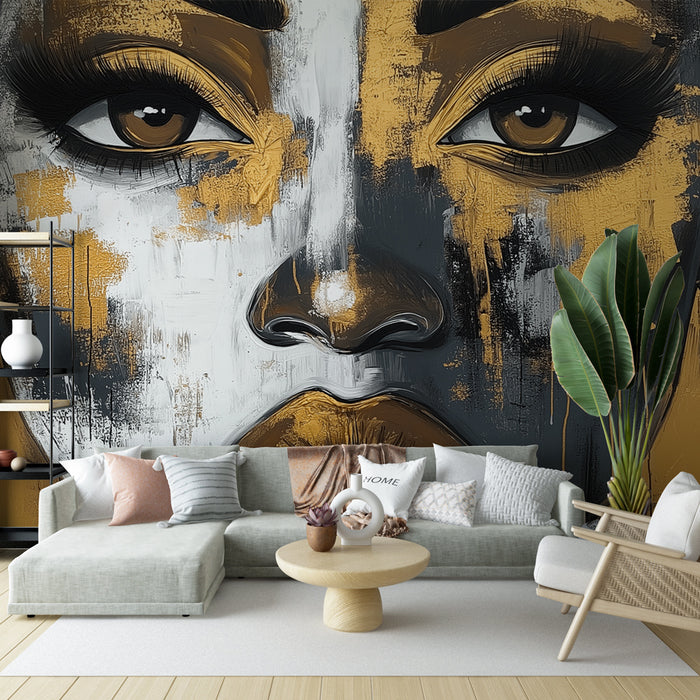 Papier peint visage artistique avec portrait stylisé en noir et or pour salon moderne.