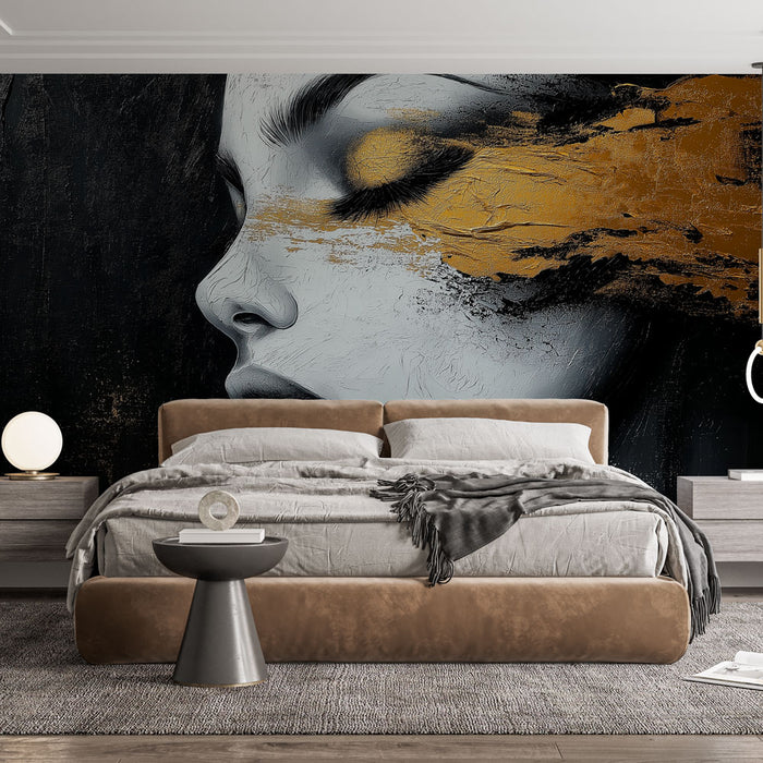 Papier peint artistique avec silhouette féminine et touches dorées pour chambre moderne