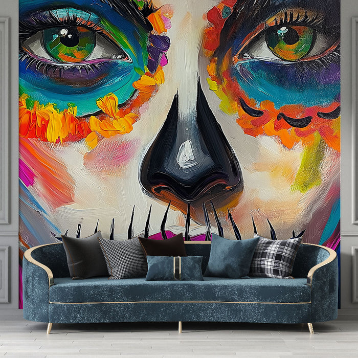 Papier peint visage coloré avec portrait artistique inspiré des traditions mexicaines pour salon moderne