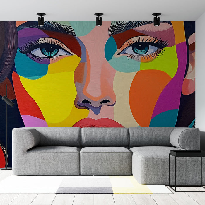 Papier peint visage coloré avec portrait moderne aux formes vibrantes pour salon contemporain